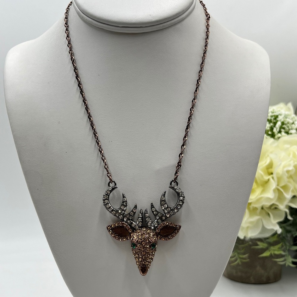 Betsey Johnson Dark Forest Brown Crystal Deer Buck Head necklace‎ Christmas